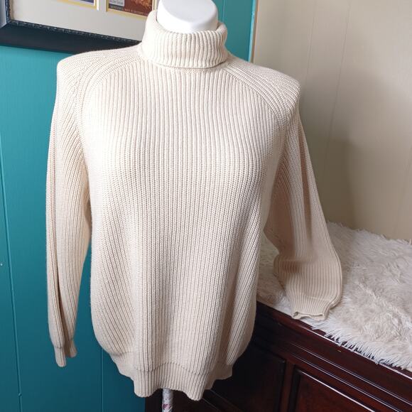 WVN Organic Cotton Neck Beige Chunky Knit Ribbed Turtleneck Sweater Medium - Picture 1 of 7